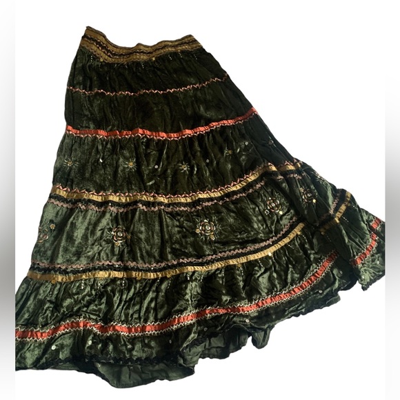 Chaudry KC Y2K Green Velvet Embellished Boho Maxi Skirt NWT Size XS - Picture 3 of 13